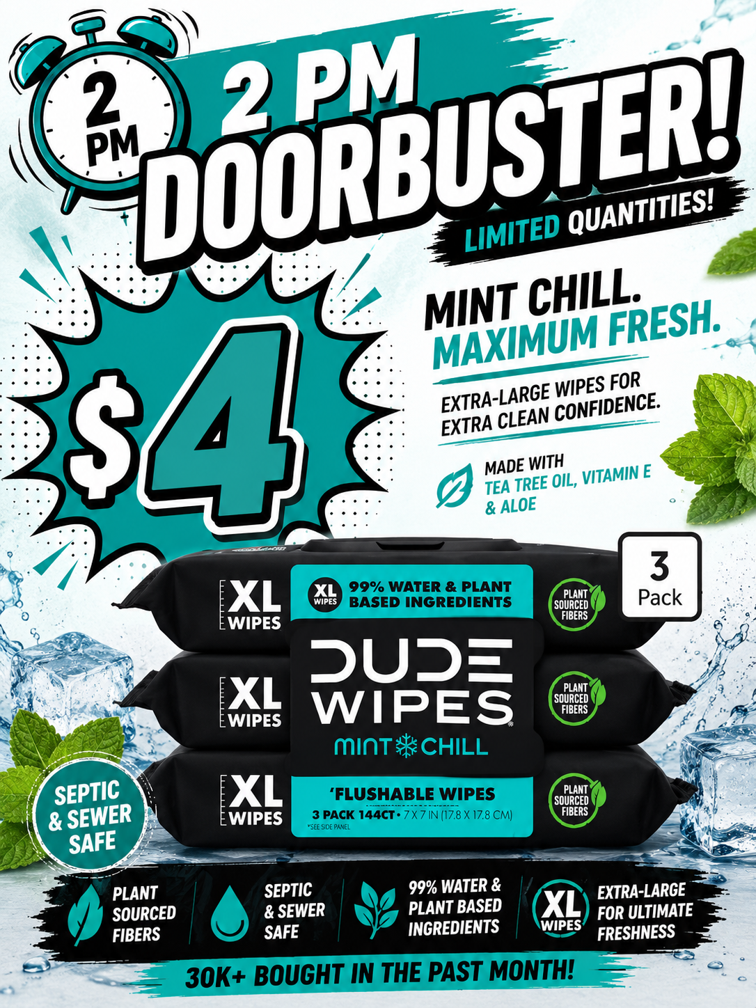 2 PM Door Buster - DUDE Wipes Mint Chill Flushable Wipes - Extra-Large Adult Wet Wipes - 3 Pack (144 Count)