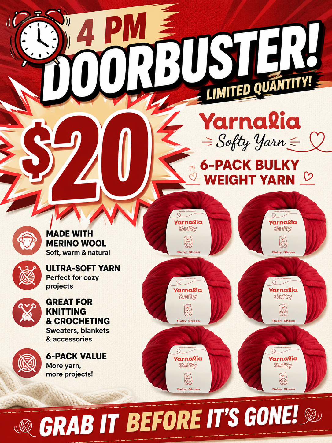 4 PM Door Buster  - Softy Yarn Bulky Weight 6-Pack Composed of Merino Wool
