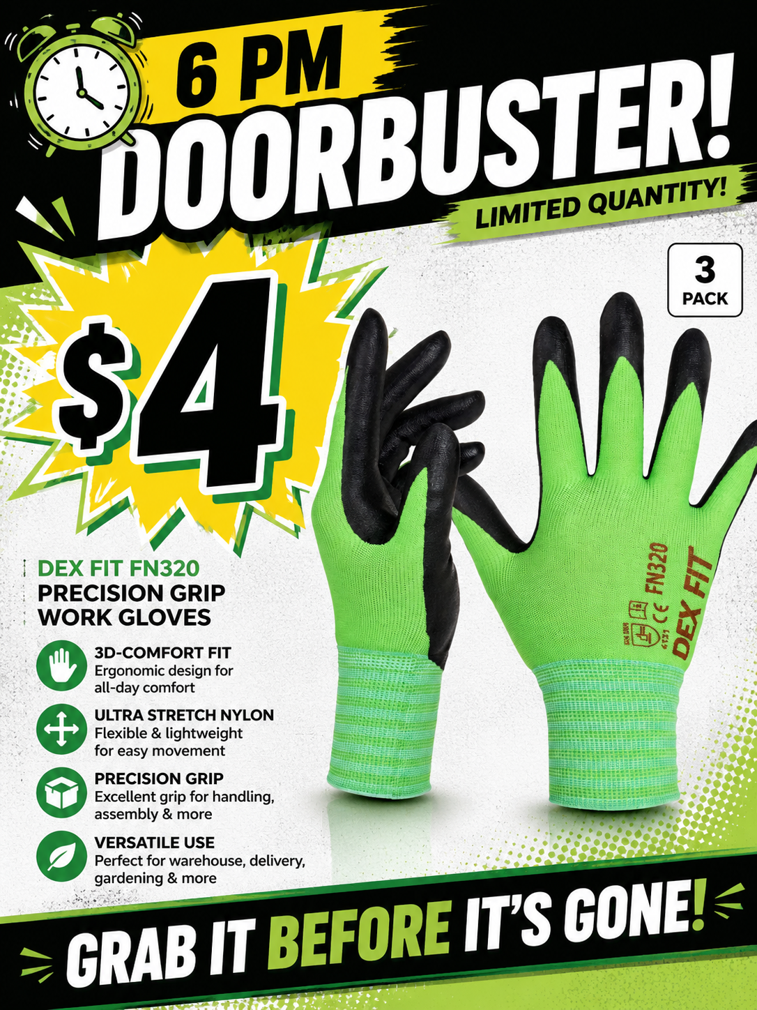 6 PM Door Buster - 3 pair, Size Small, DEX FIT FN320 Precision Grip Work Gloves