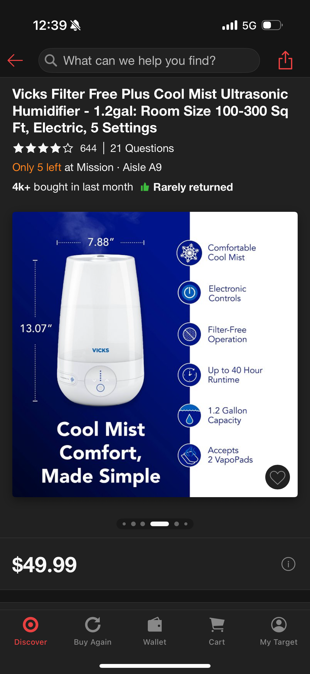 Vicks Filter Free Plus Cool Mist Ultrasonic Humidifier - 1.2gal: Room Size 100-300 Sq Ft, Electric, 5 Settings