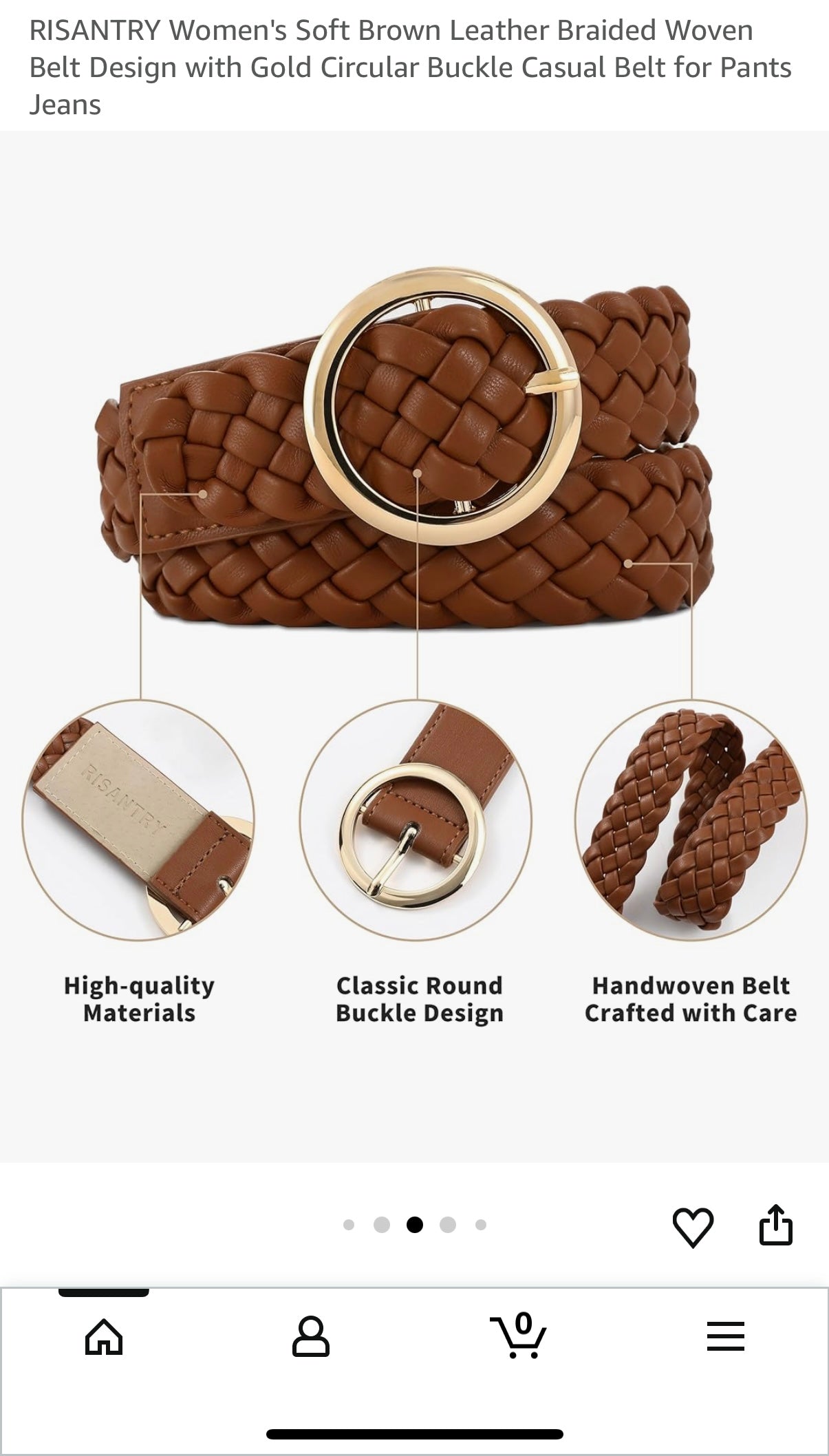 RISANTRY Women's Soft Brown Leather Braided Woven Belt Design with Gold Circular Buckle Casual Belt for Pants Jeans (Size XL)
