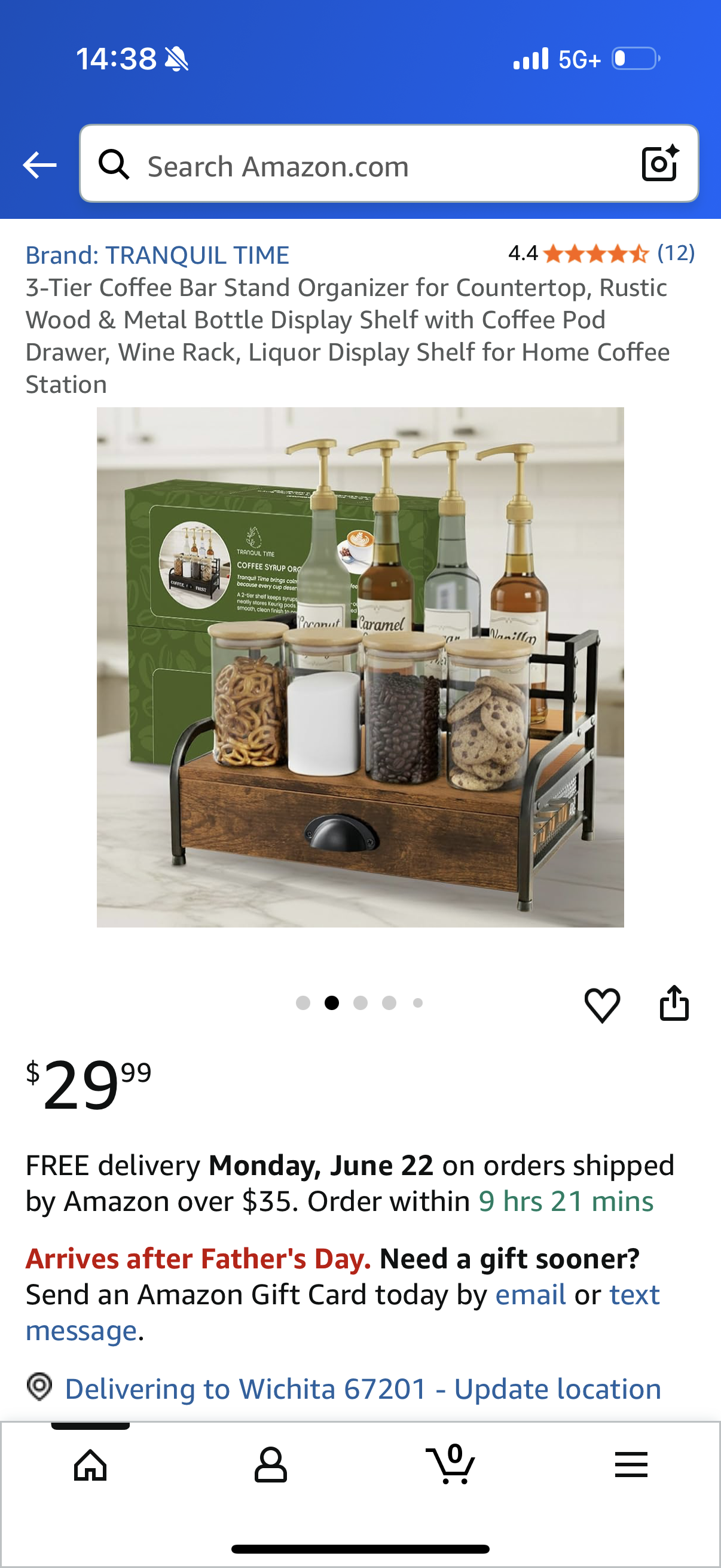 3-Tier Coffee Bar Stand Organizer for Countertop, Rustic Wood & Metal Bottle Display Shelf with Coffee Pod Drawer, Wine Rack, Liquor Display Shelf for Home Coffee Station