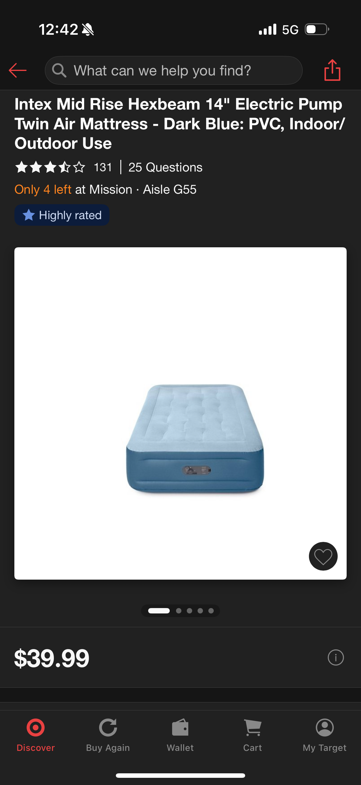 Intex Mid Rise Hexbeam 14" Electric Pump Twin Air Mattress - Dark Blue: PVC, Indoor/ Outdoor Use