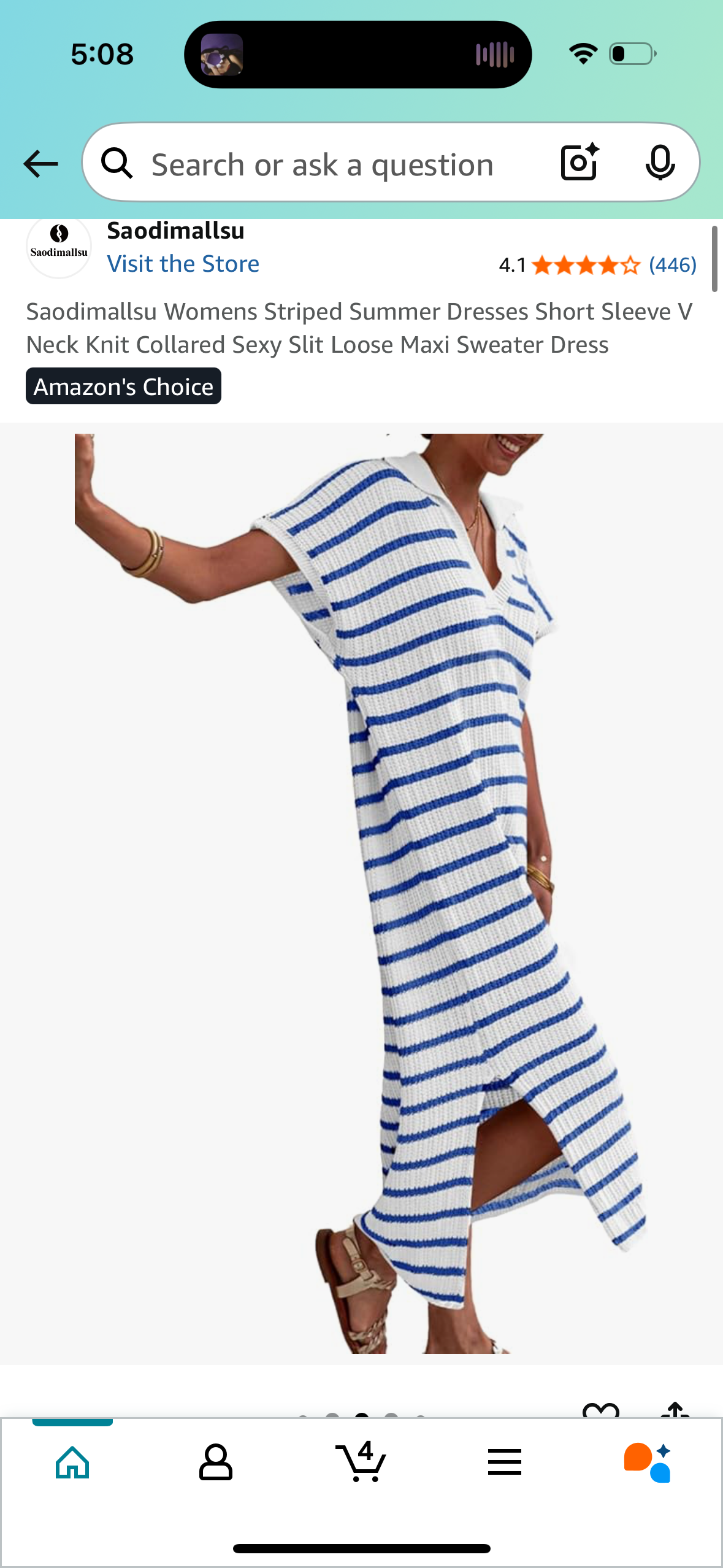Women's Striped Summer Dress, Short Sleeve V Neck Knit Collared Maxi Sweater Dress (Size XL)