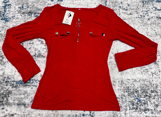 Women's Ribbed Long Sleeve Shirt, Button And Zipper Accents (Size Medium)