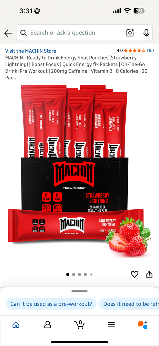 MACHIN - Ready to Drink Energy Shot Pouches (Strawberry Lightning) | Boost Focus | Quick Energy fix Packets | On-The-Go Drink |Pre Workout | 200mg Caffeine | Vitamin B | 0 Calories | 20 Pack