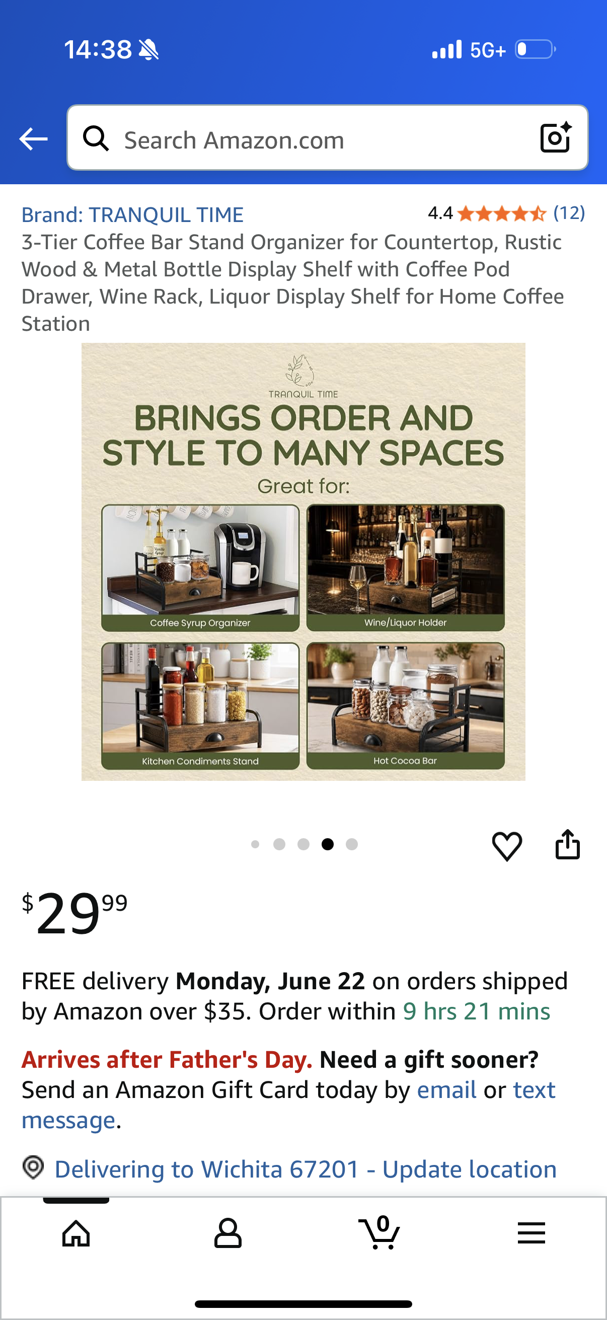 3-Tier Coffee Bar Stand Organizer for Countertop, Rustic Wood & Metal Bottle Display Shelf with Coffee Pod Drawer, Wine Rack, Liquor Display Shelf for Home Coffee Station