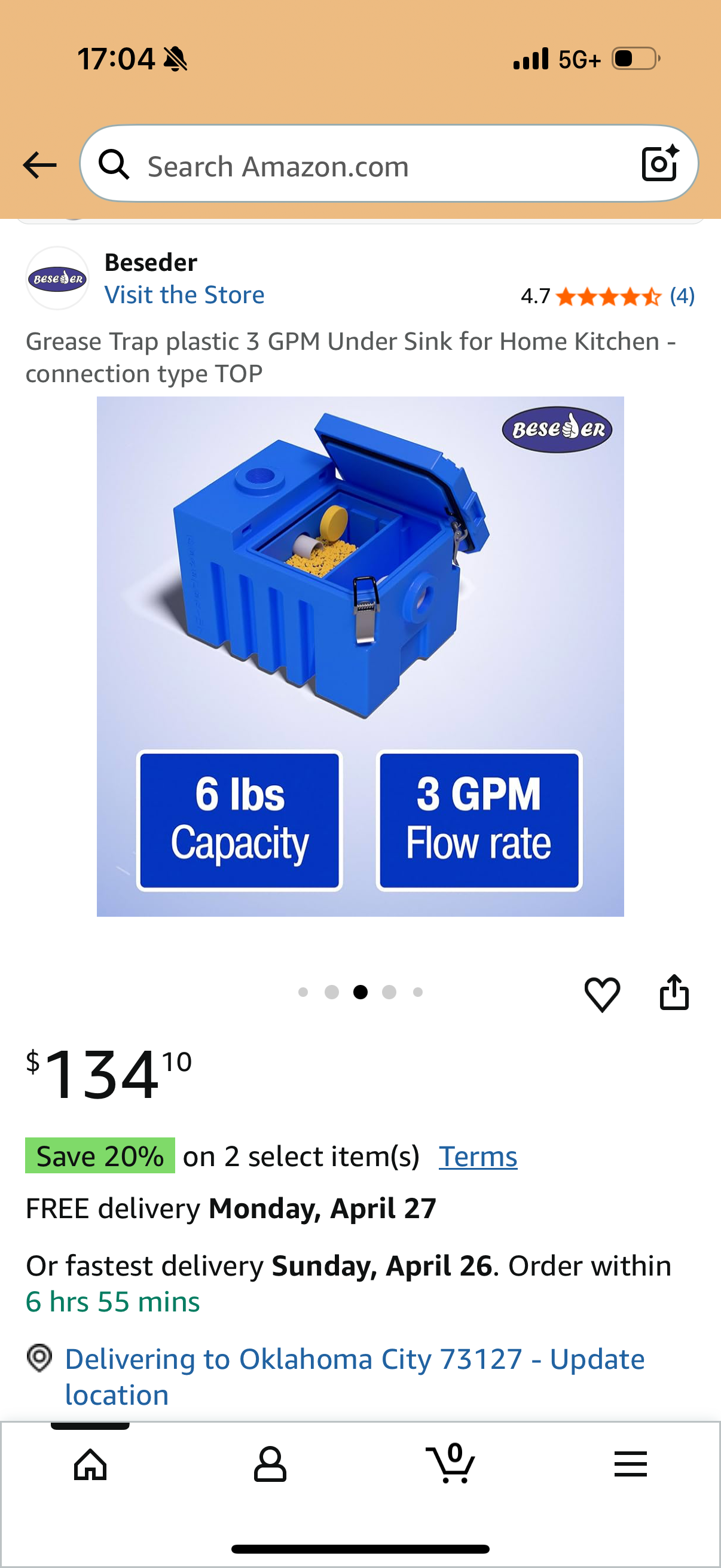 Grease Trap plastic 3 GPM Under Sink for Home Kitchen - connection type TOP