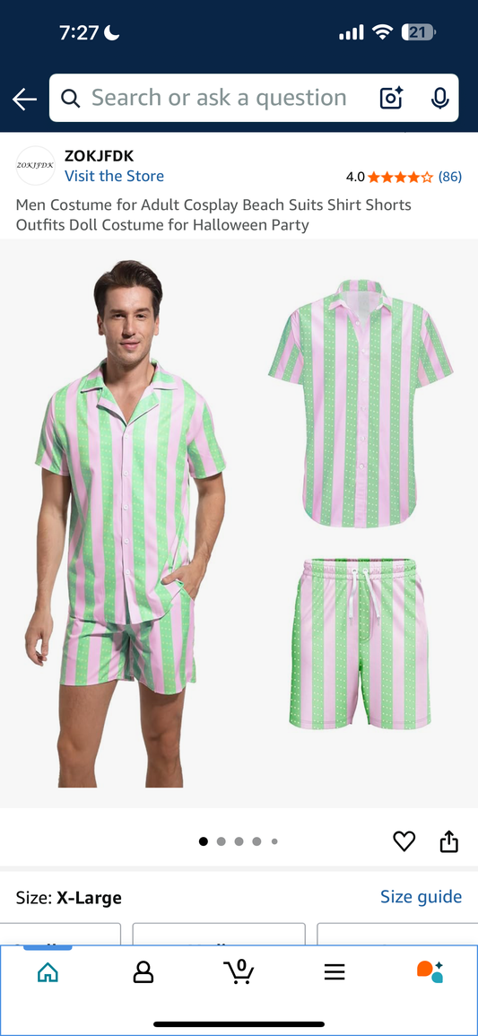 Men Costume for Adult Cosplay Beach Suits Shirt Shorts Outfits Doll Costume for Halloween Party (Size XL)