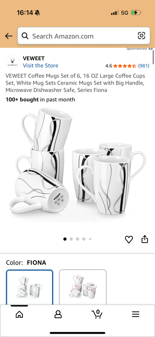 Coffee Mugs Set of 6, 16 OZ Large Coffee Cups Set, White Mug Sets Ceramic Mugs Set with Big Handle, Microwave Dishwasher Safe, Series Fiona