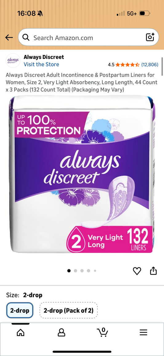 Always Discreet Adult Incontinence & Postpartum Liners for Women, Size 2, Very Light Absorbency, Long Length, 44 Count x 3 Packs (132 Count Total)
