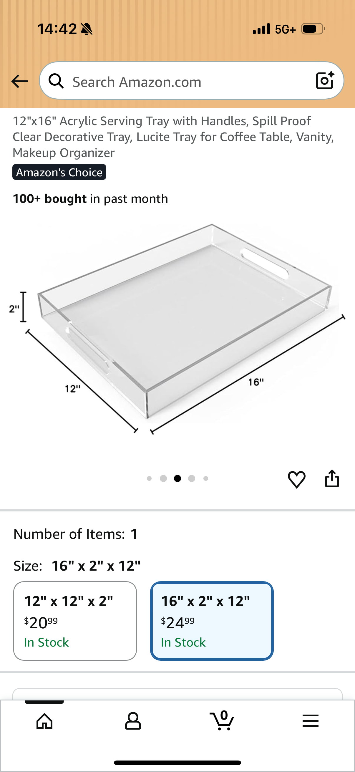 12"x16" Acrylic Serving Tray with Handles, Spill Proof Clear Decorative Tray, Lucite Tray for Coffee Table, Vanity, Makeup Organizer
