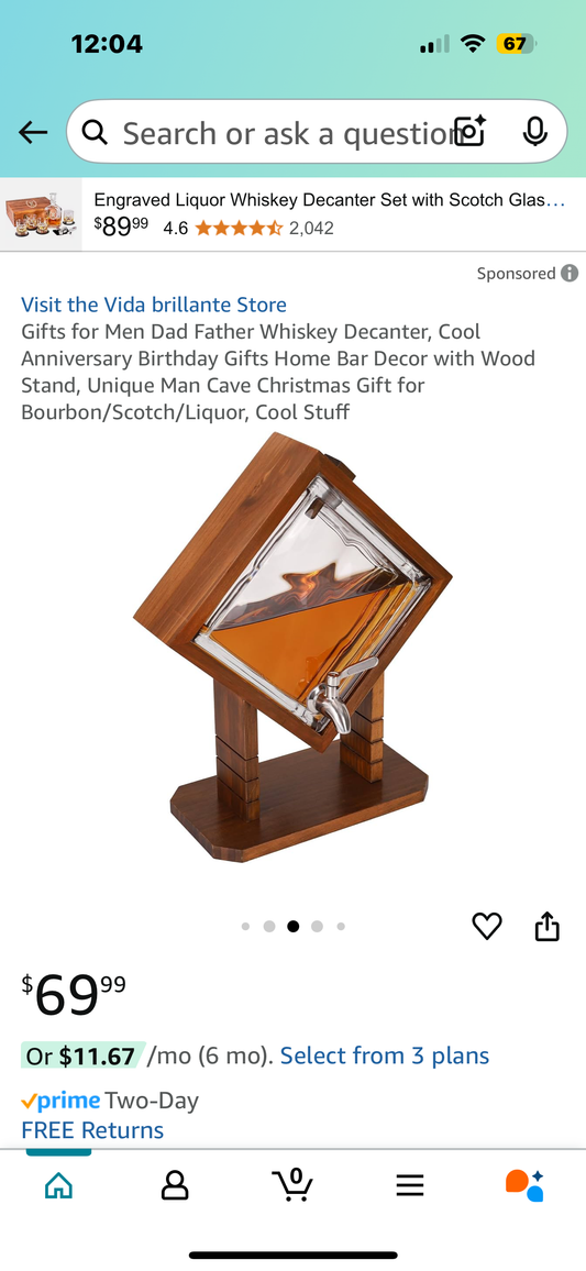 Whiskey Decanter, Home Bar Decor with Wood Stand, Unique Man Cave Christmas Gift for Bourbon/Scotch/Liquor, Cool Stuff