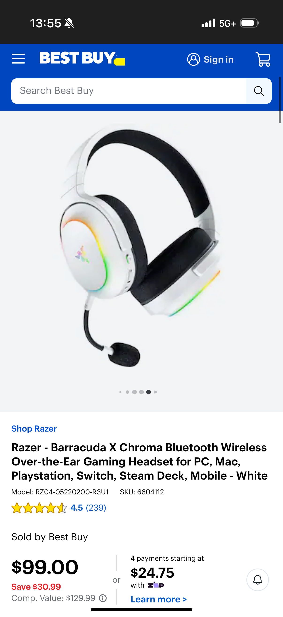 Razer - Barracuda X Chroma Bluetooth Wireless Over-the-Ear Gaming Headset for PC, Mac, Playstation, Switch, Steam Deck, Mobile - White