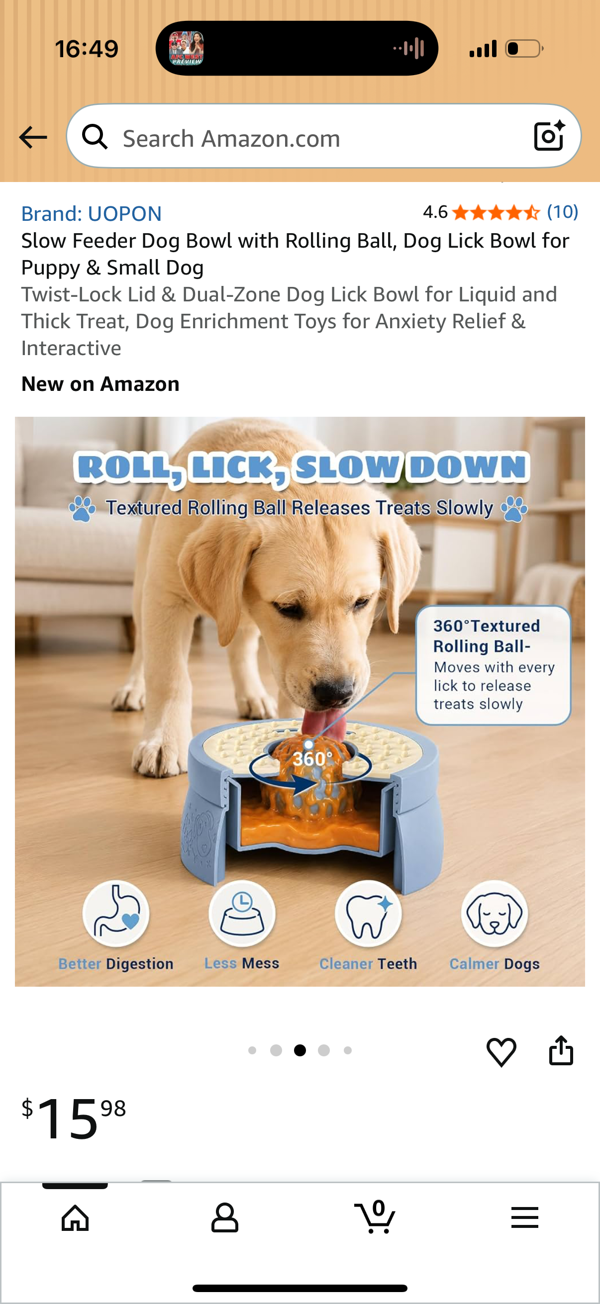 Slow Feeder Dog Bowl with Rolling Ball, Dog Lick Bowl for Puppy & Small Dog Twist-Lock Lid & Dual-Zone Dog Lick Bowl for Liquid and Thick Treat, Dog Enrichment Toys for Anxiety Relief & Interaction