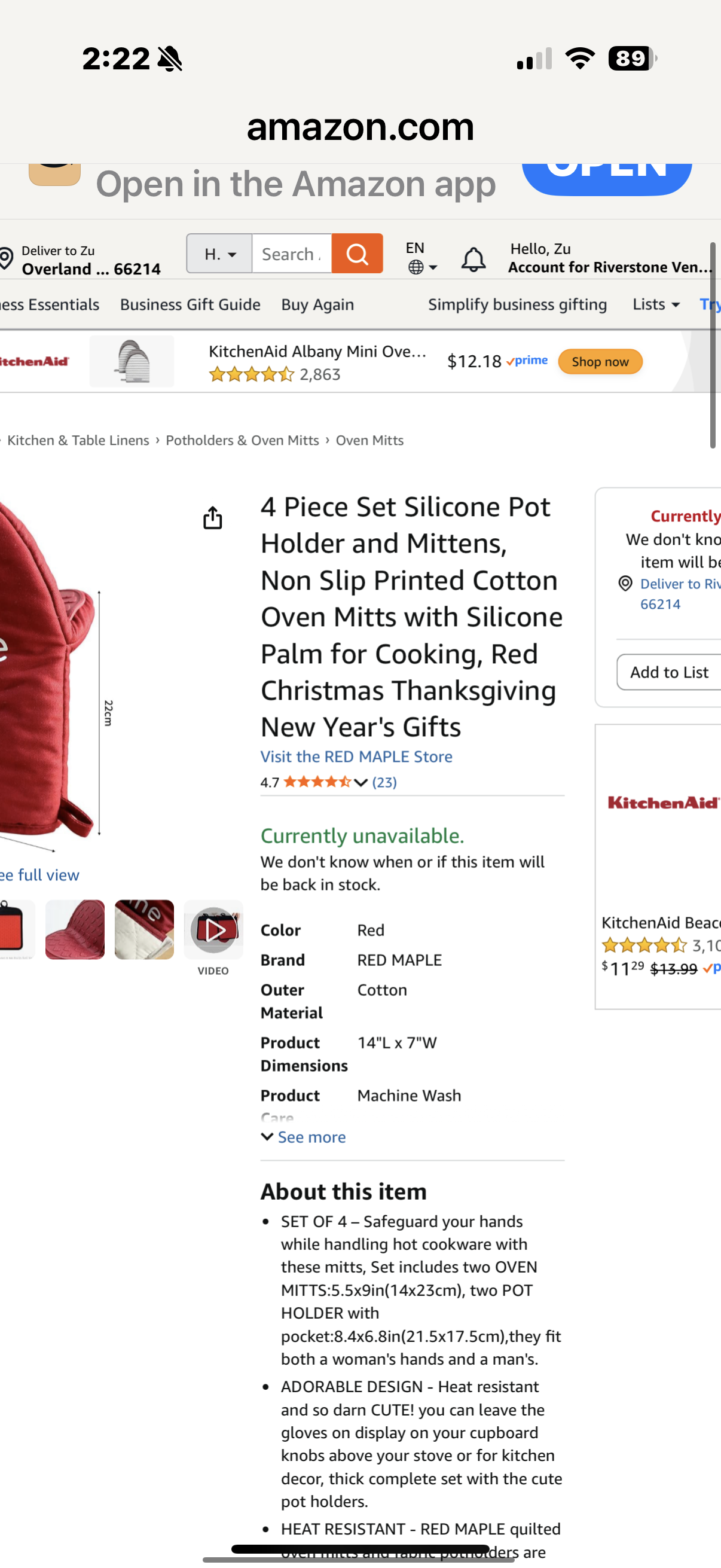 4 Piece Set Silicone Pot Holder and Mittens, Non Slip Printed Cotton Oven Mitts with Silicone Palm for Cooking, Red Christmas Thanksgiving New Year's Gifts