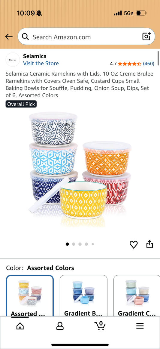 Selamica Ceramic Ramekins with Lids, 10 OZ Creme Brulee Ramekins with Covers Oven Safe, Custard Cups Small Baking Bowls for Souffle, Pudding, Onion Soup, Dips, Set of 6, Assorted Colors