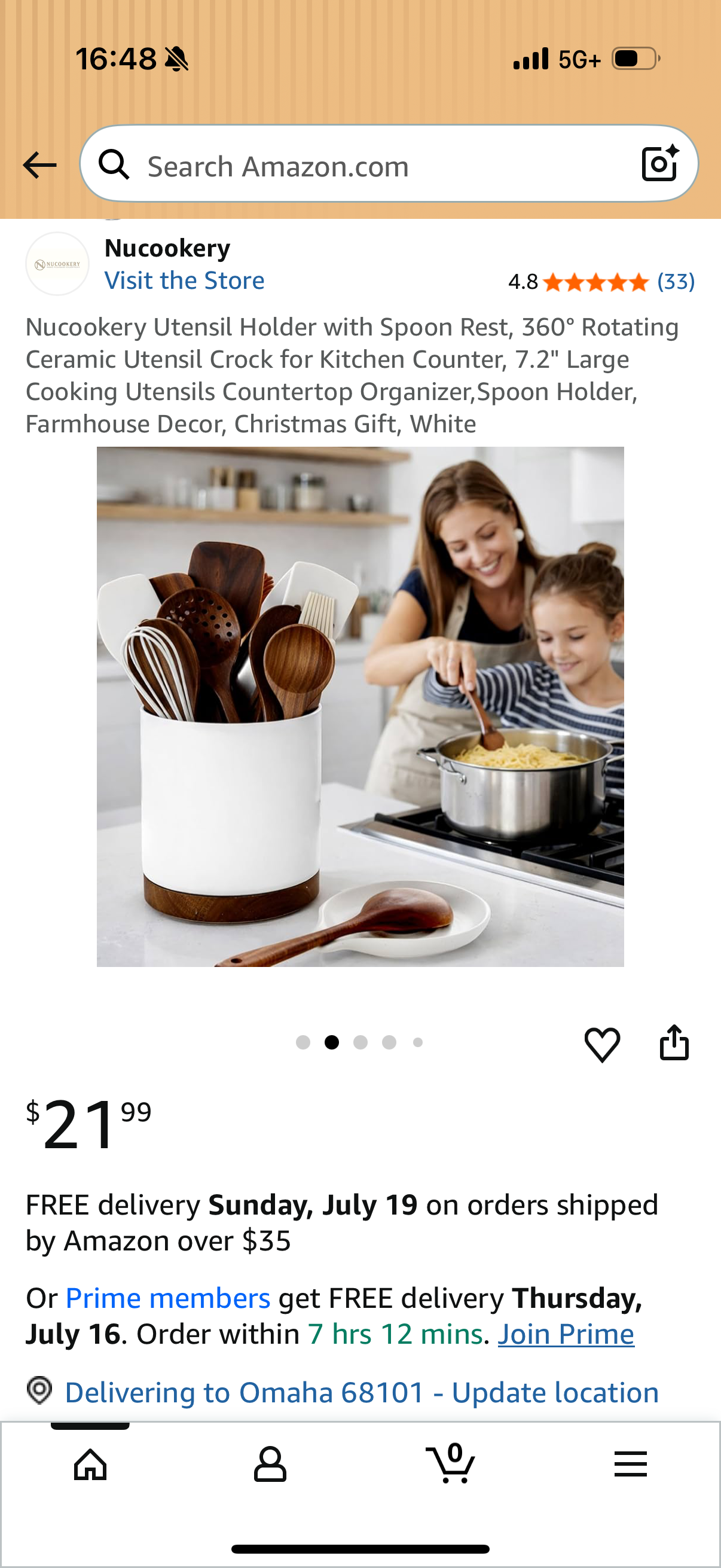 Nucookery Utensil Holder with Spoon Rest, 360° Rotating Ceramic Utensil Crock for Kitchen Counter, 7.2" Large Cooking Utensils Countertop Organizer,Spoon Holder, Farmhouse Decor, Christmas Gift, White