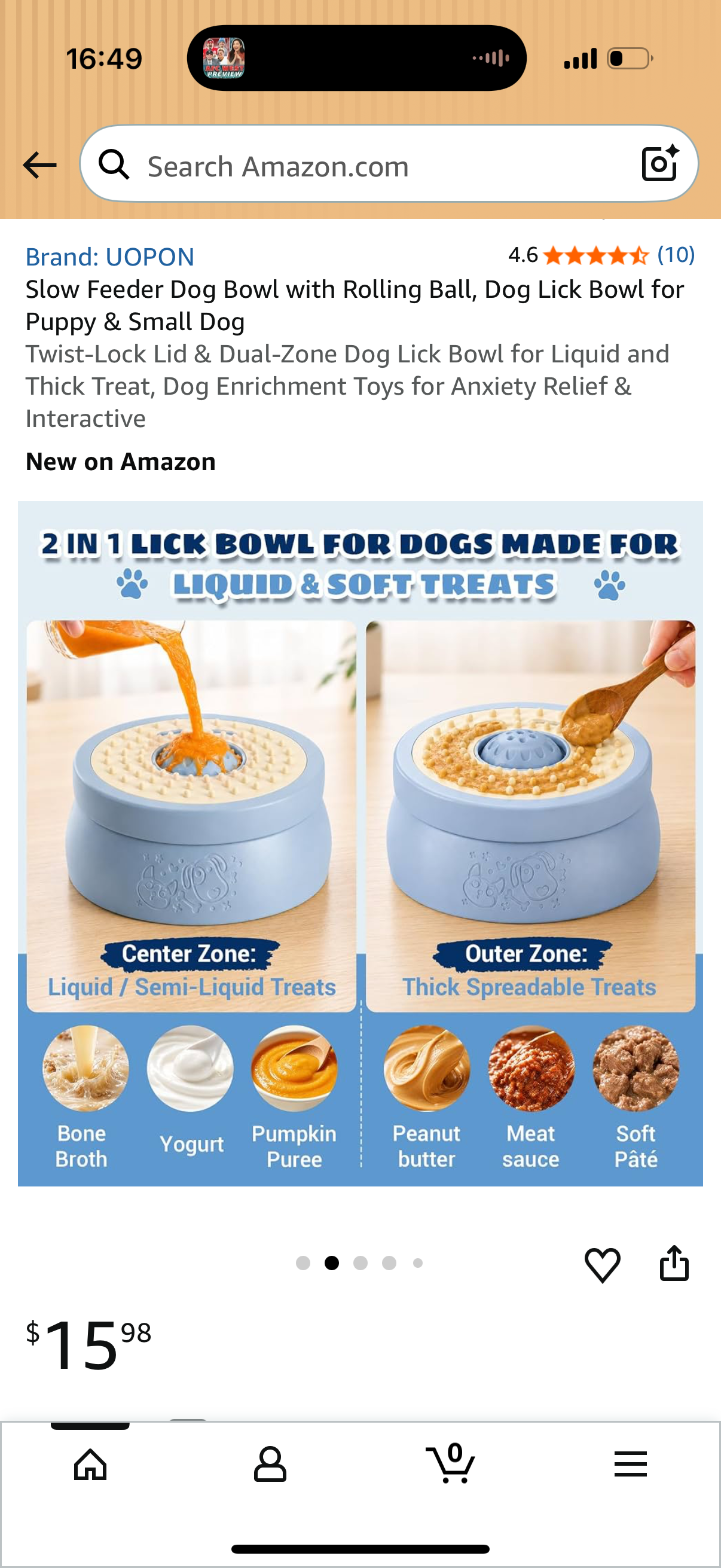 Slow Feeder Dog Bowl with Rolling Ball, Dog Lick Bowl for Puppy & Small Dog Twist-Lock Lid & Dual-Zone Dog Lick Bowl for Liquid and Thick Treat, Dog Enrichment Toys for Anxiety Relief & Interaction