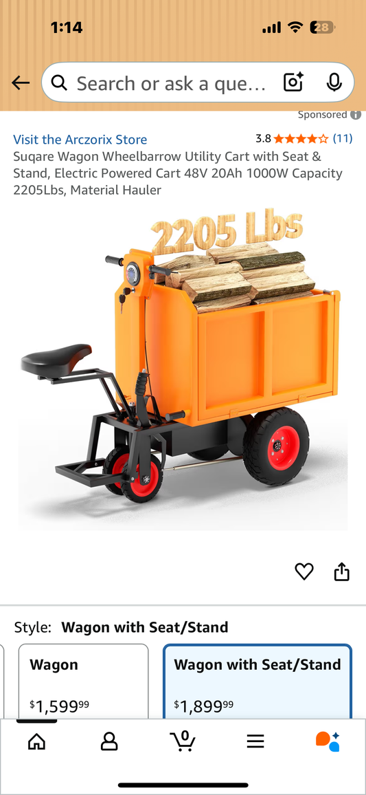 Arczorix [3-in-1] Electric Wheelbarrow Utility Cart, Electric Powered Cart 48V 20Ah 1000W Capacity 2205Lbs (One Ton), Material Hauler, Utility Cart Wagon (G876)