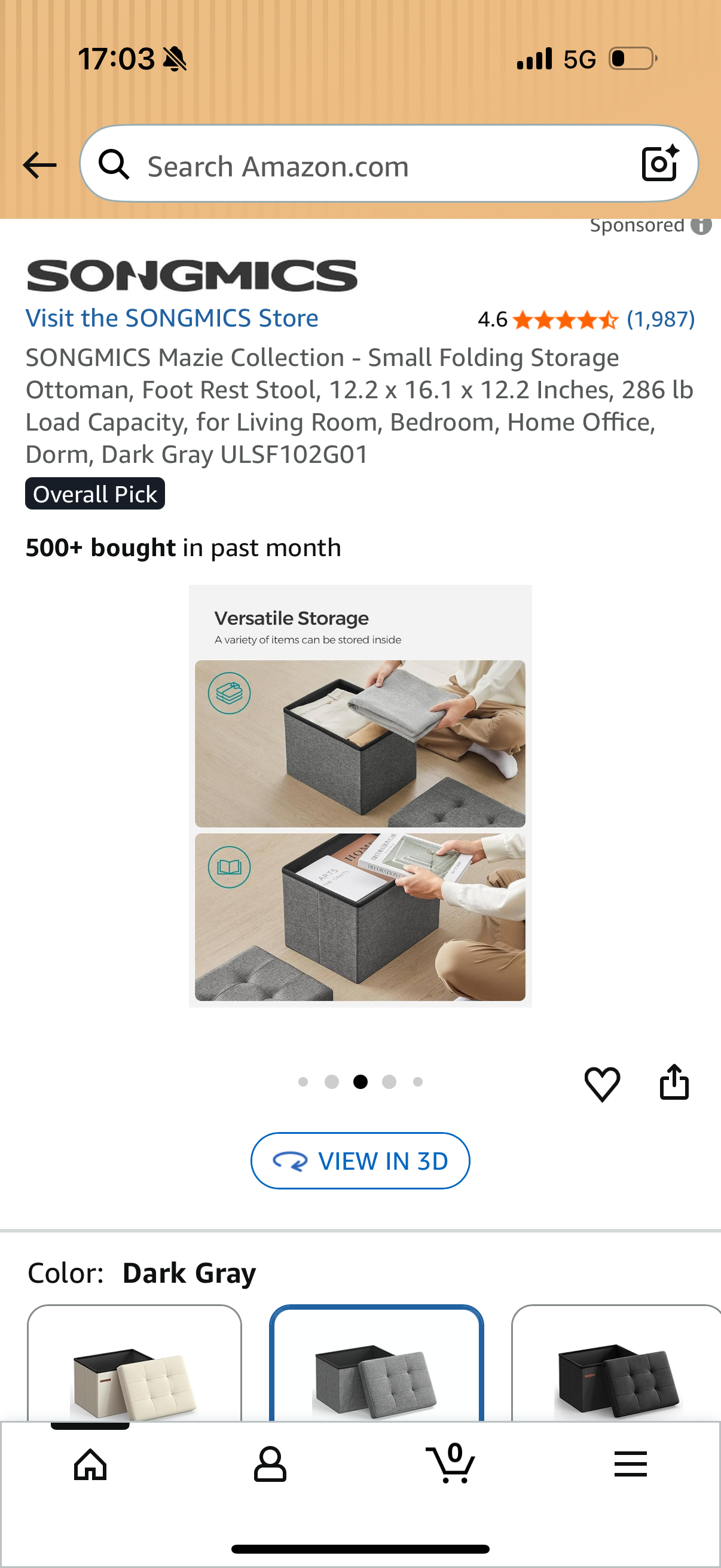 SONGMICS Mazie Collection - Small Folding Storage Ottoman, Foot Rest Stool, 12.2 x 16.1 x 12.2 Inches, 286 lb Load Capacity, for Living Room, Bedroom, Home Office, Dorm, Dark Gray