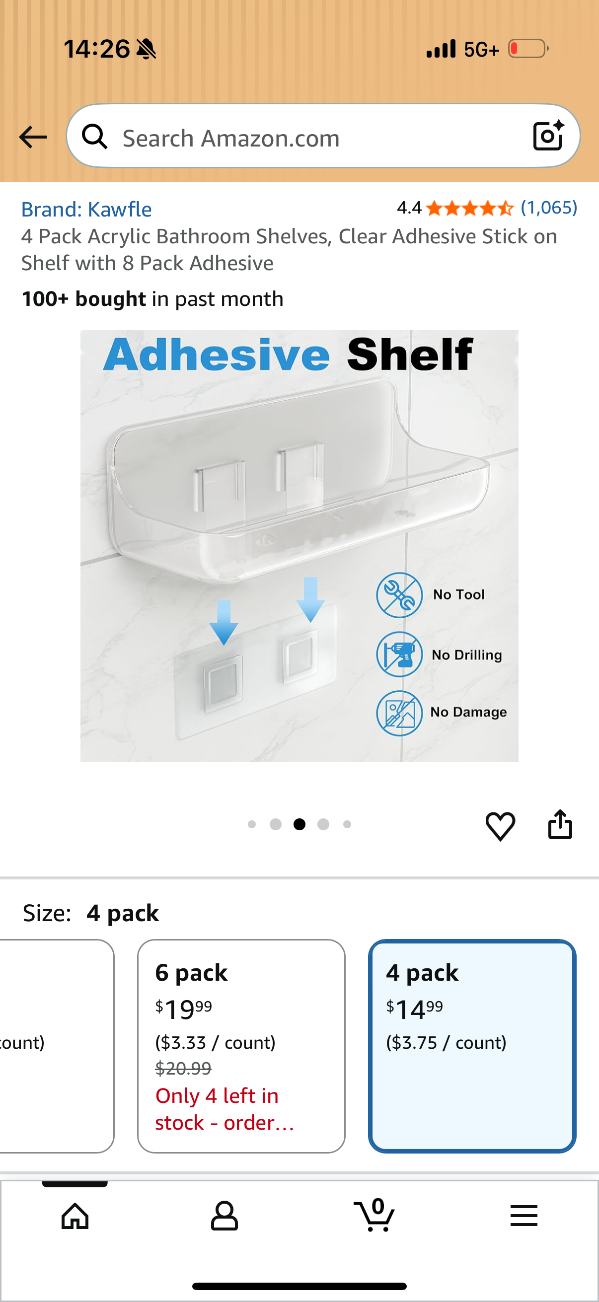 4 Pack Acrylic Bathroom Shelves, Clear Adhesive Stick on Shelf with 8 Pack Adhesive