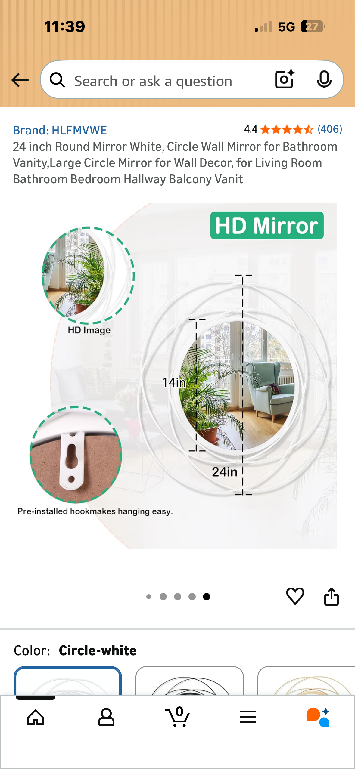 24” Round Mirror, White Circular Wall Mirror for Bathroom, Vanity, Living Room, Bathroom, Bedroom, Hallway Decor 
(M497)
