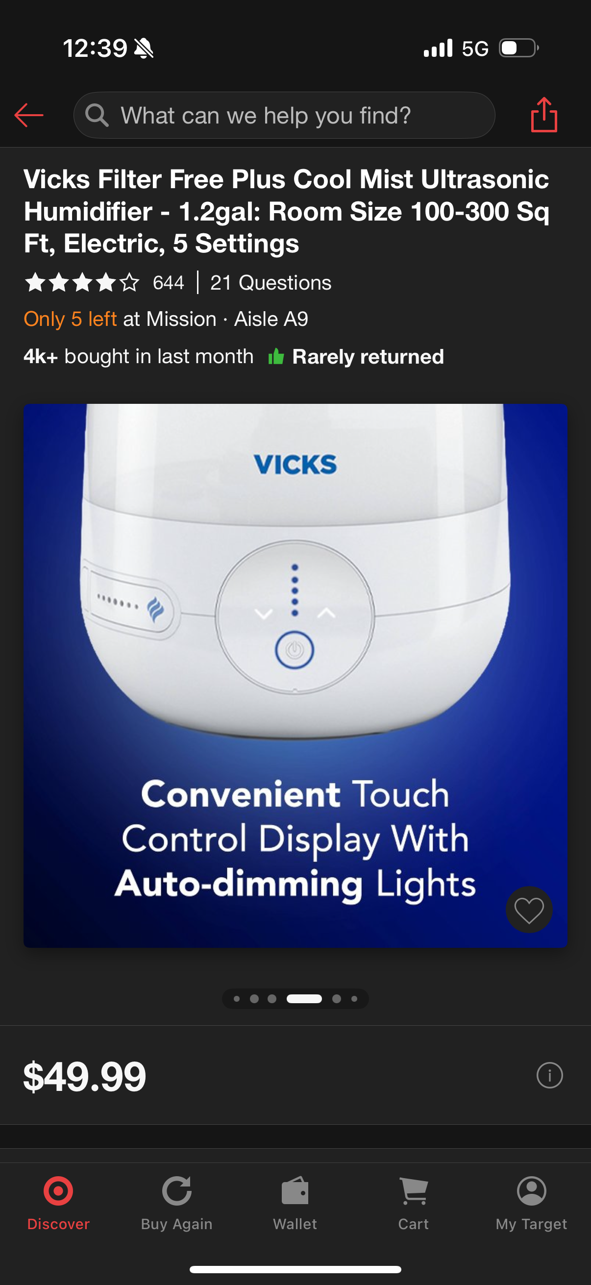 Vicks Filter Free Plus Cool Mist Ultrasonic Humidifier - 1.2gal: Room Size 100-300 Sq Ft, Electric, 5 Settings