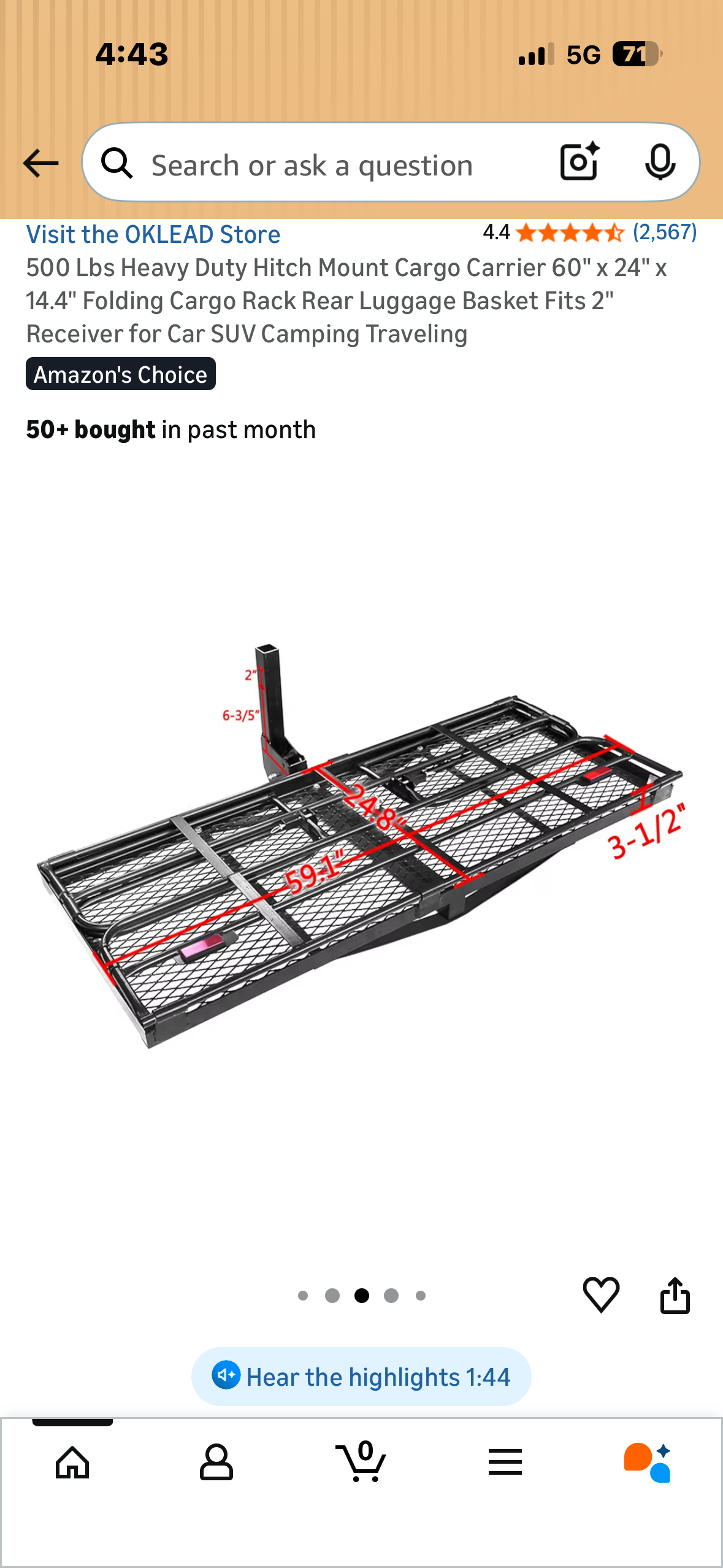 500 Lbs Heavy Duty Hitch Mount Cargo Carrier,  60"×24"x14.4"  Folding Cargo Rack, Rear Luggage Basket, Fits 2"
Receiver for Car, SUV, Camping, Traveling (G1023)