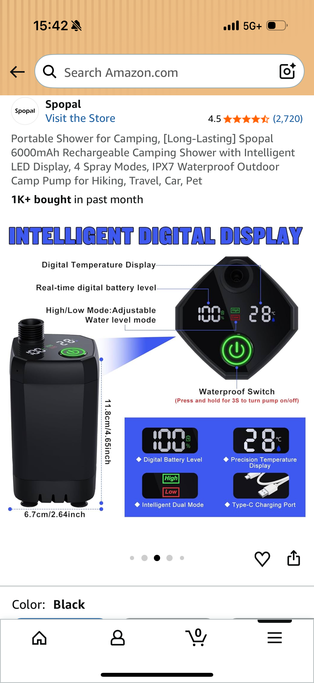 Portable Shower for Camping, [Long-Lasting] Spopal 6000mAh Rechargeable Camping Shower with Intelligent LED Display, 4 Spray Modes, IPX7 Waterproof Outdoor Camp Pump for Hiking, Travel, Car, Pet