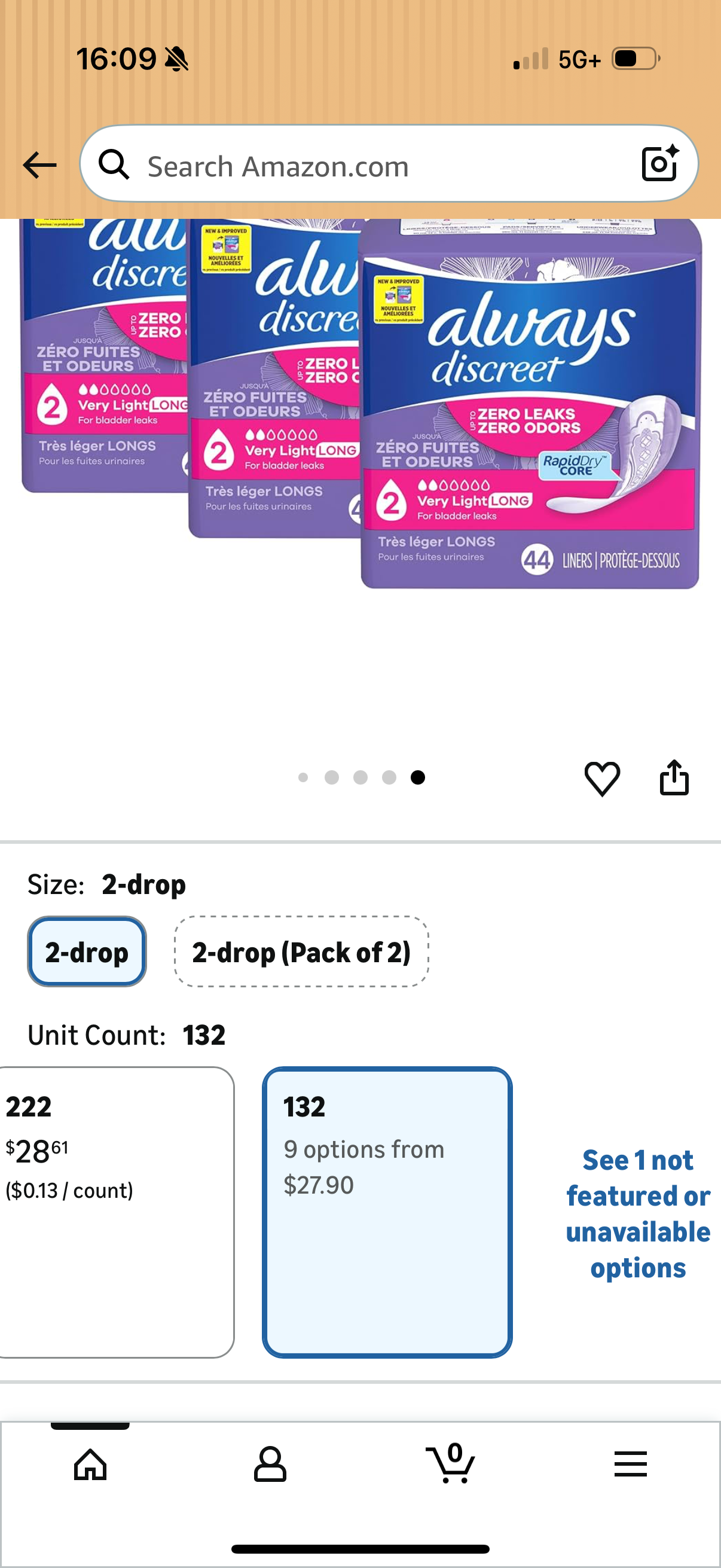 Always Discreet Adult Incontinence & Postpartum Liners for Women, Size 2, Very Light Absorbency, Long Length, 44 Count x 3 Packs (132 Count Total)