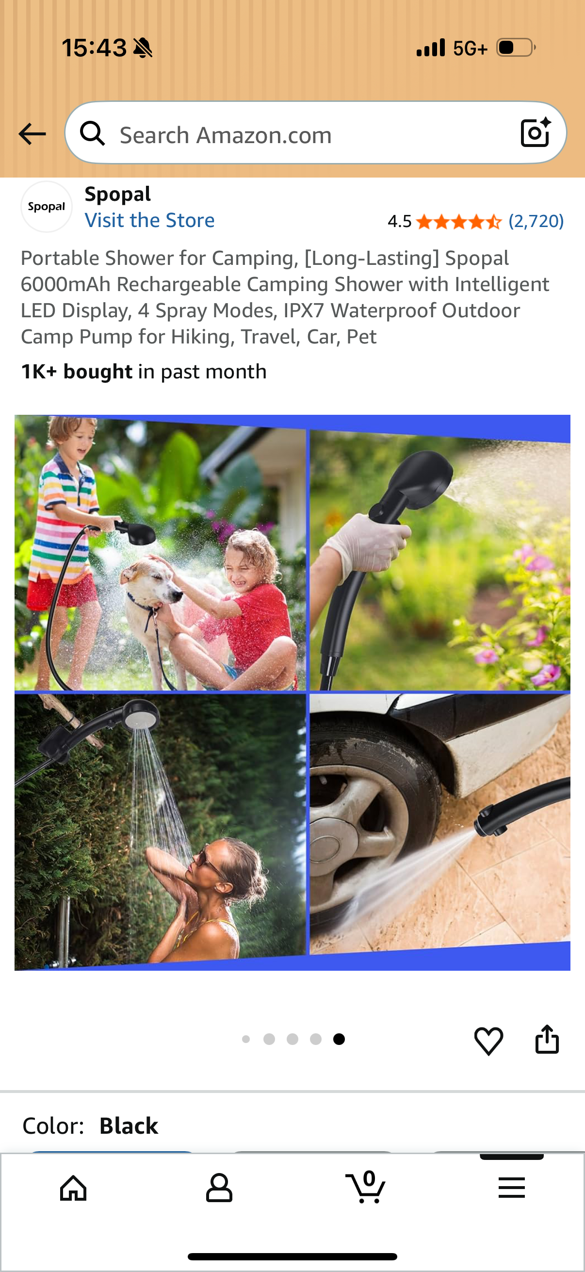 Portable Shower for Camping, [Long-Lasting] Spopal 6000mAh Rechargeable Camping Shower with Intelligent LED Display, 4 Spray Modes, IPX7 Waterproof Outdoor Camp Pump for Hiking, Travel, Car, Pet