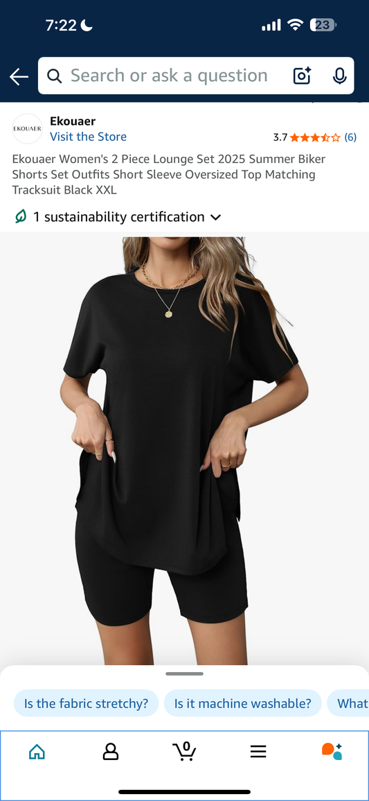 Ekouaer Women's 2 Piece Lounge Set 2025 Summer Biker Shorts Set Outfits Short Sleeve Oversized Top Matching Tracksuit Black (Size XXL)