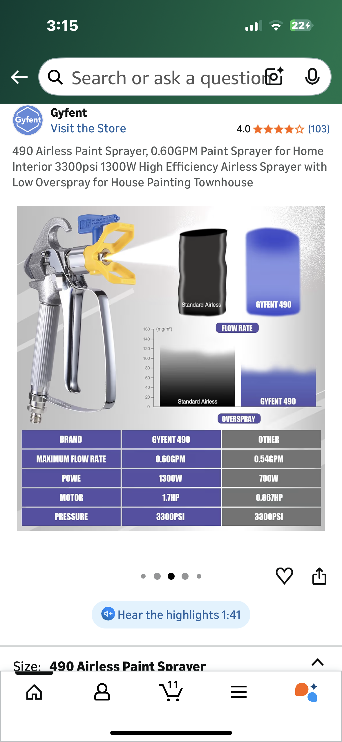 490 Airless Paint Sprayer, 0.60GPM Paint Sprayer for Home Interior 3300psi 1300W High Efficiency Airless Sprayer with Low Overspray for House Painting Townhouse (G907)