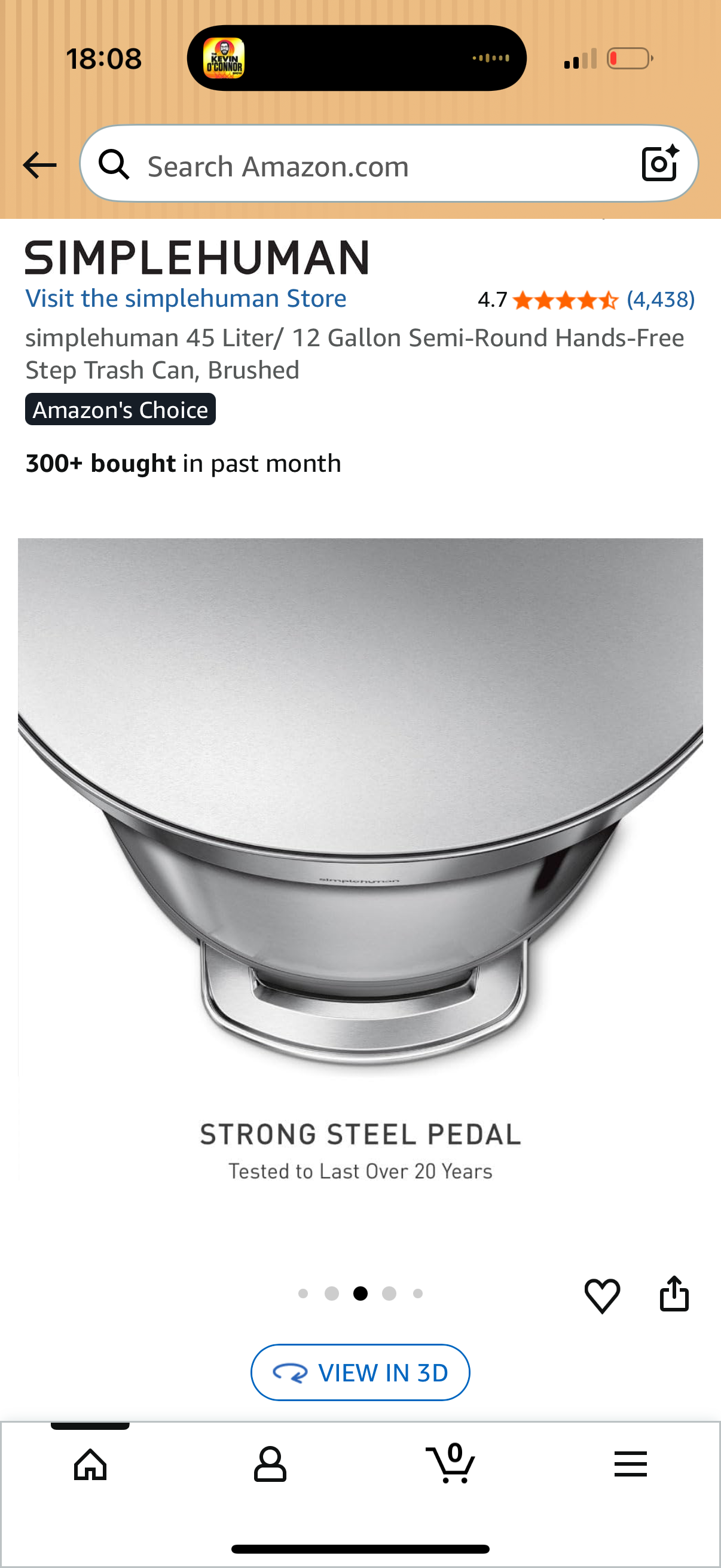 Simplehuman 45 Liter/ 12 Gallon Semi-Round Hands-Free Step Trash Can, Brushed