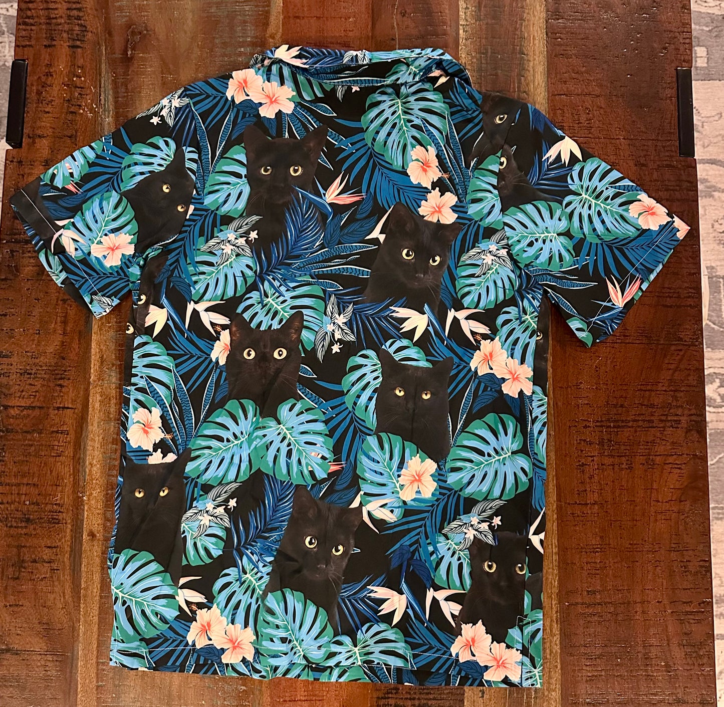 Black Cat Tropical Hawaiian Button Down Cat Shirt (Size Adult M)