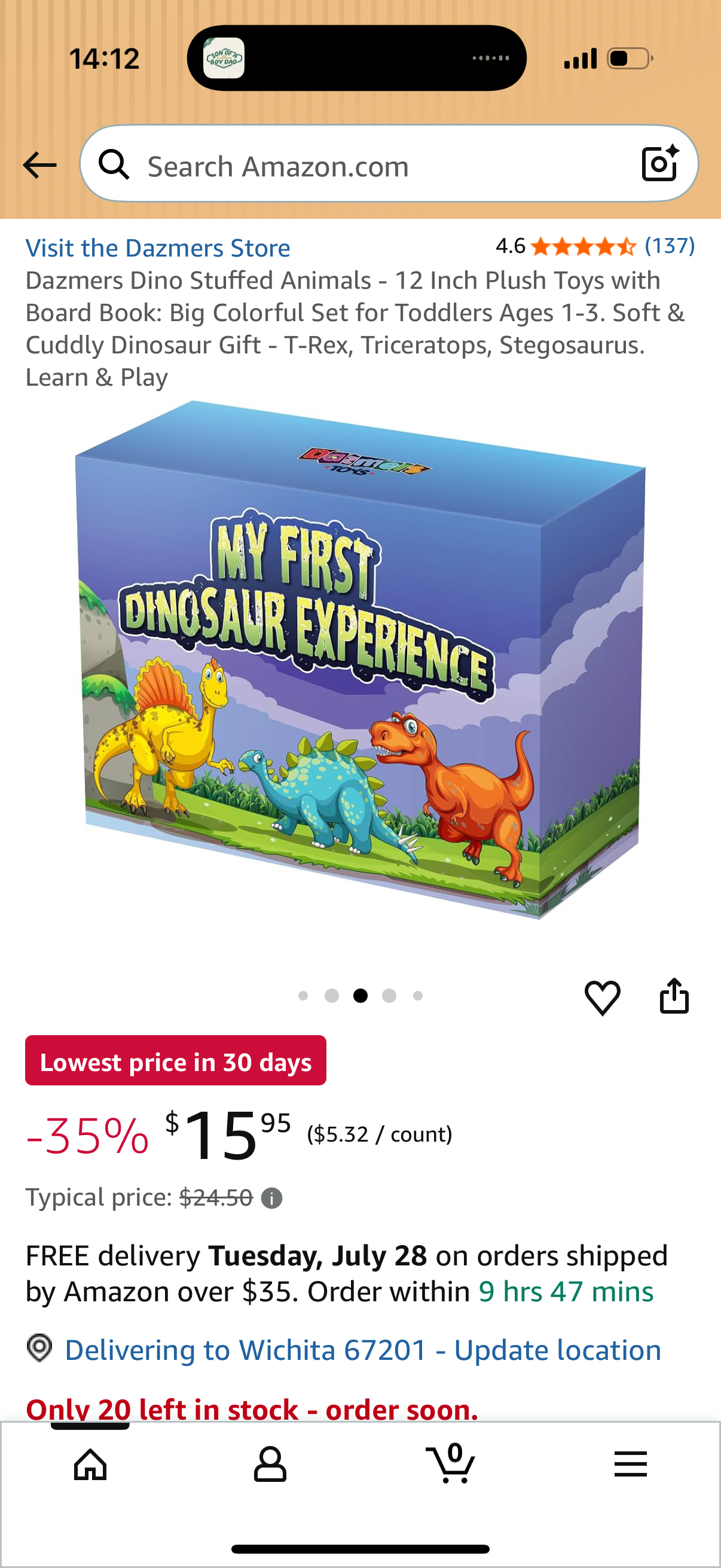 Dazmers Dino Stuffed Animals - 12 Inch Plush Toys with Board Book: Big Colorful Set for Toddlers Ages 1-3. Soft & Cuddly Dinosaur Gift - T-Rex, Triceratops, Stegosaurus. Learn & Play