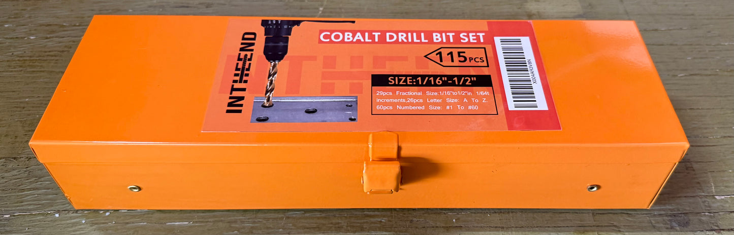 115Pcs Cobalt Drill Bit Set (1/16''-1/2''), M35 High Speed Steel, Twist Jobber Length for Hardened Metal, Stainless Steel, Cast Iron, Wood, and Plastics, with Metal Index Storage Box