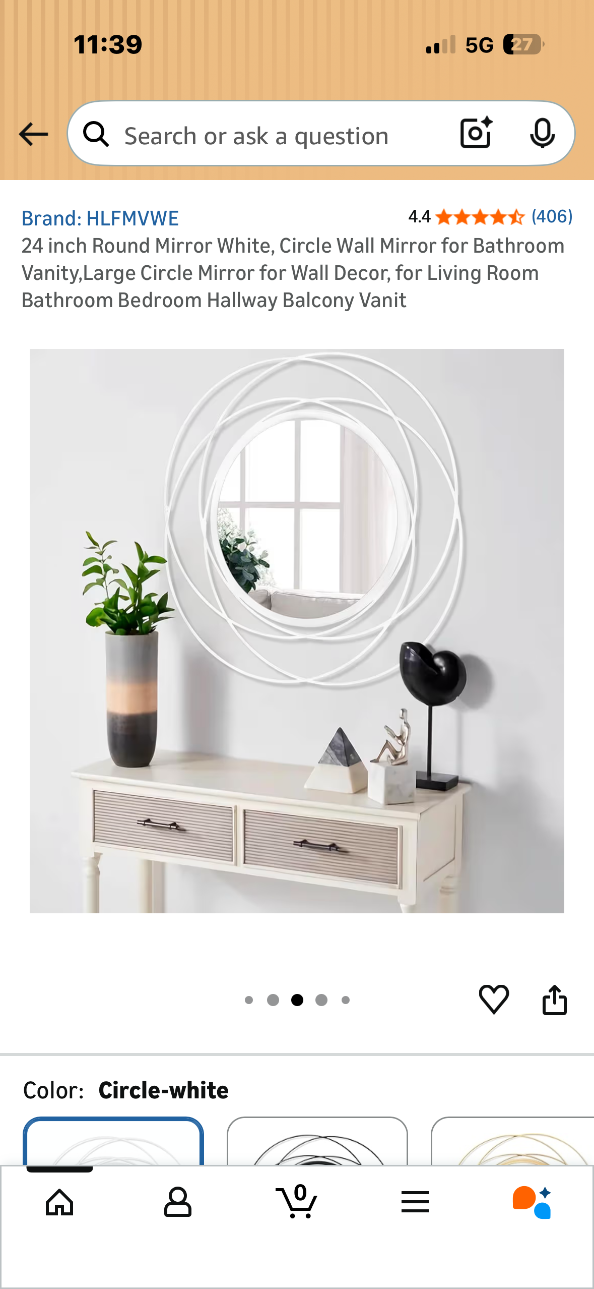 24” Round Mirror, White Circular Wall Mirror for Bathroom, Vanity, Living Room, Bathroom, Bedroom, Hallway Decor 
(M497)