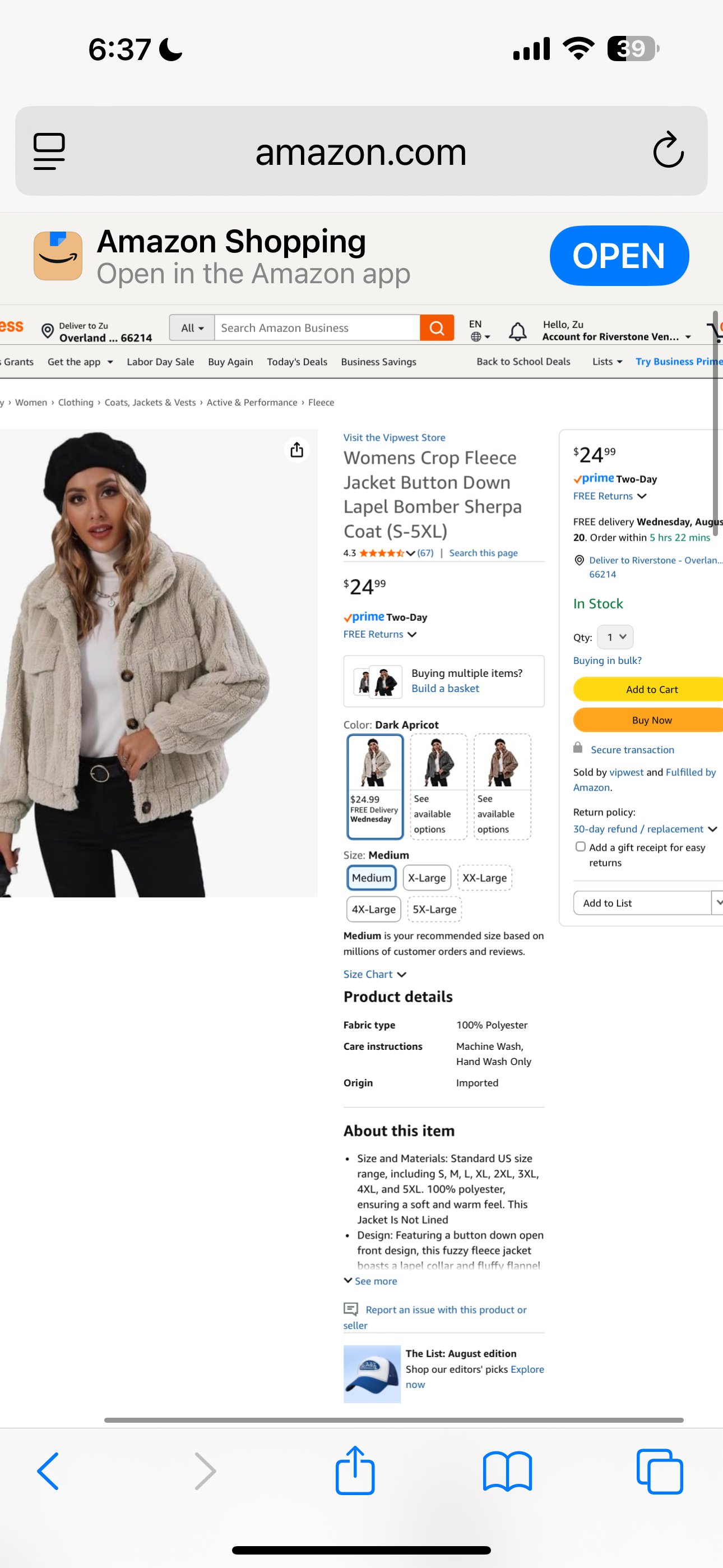 Vipwest Womens Crop Fleece Jacket Button Down Lapel Bomber Sherpa Coat (Size 4XL)