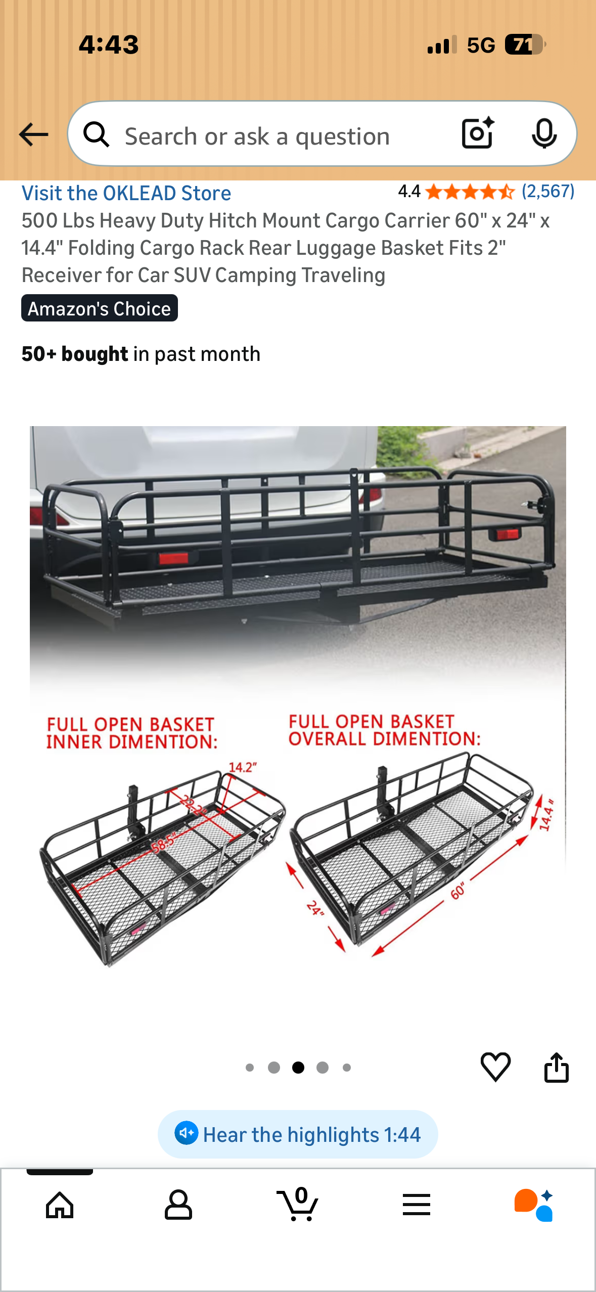 500 Lbs Heavy Duty Hitch Mount Cargo Carrier,  60"×24"x14.4"  Folding Cargo Rack, Rear Luggage Basket, Fits 2"
Receiver for Car, SUV, Camping, Traveling (G1023)