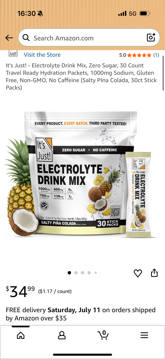 It's Just! - Electrolyte Drink Mix, Zero Sugar, 30 Count Travel Ready Hydration Packets, 1000mg Sodium, Gluten Free, Non-GMO, No Caffeine (Salty PIna Colada, 30ct Stick Packs)