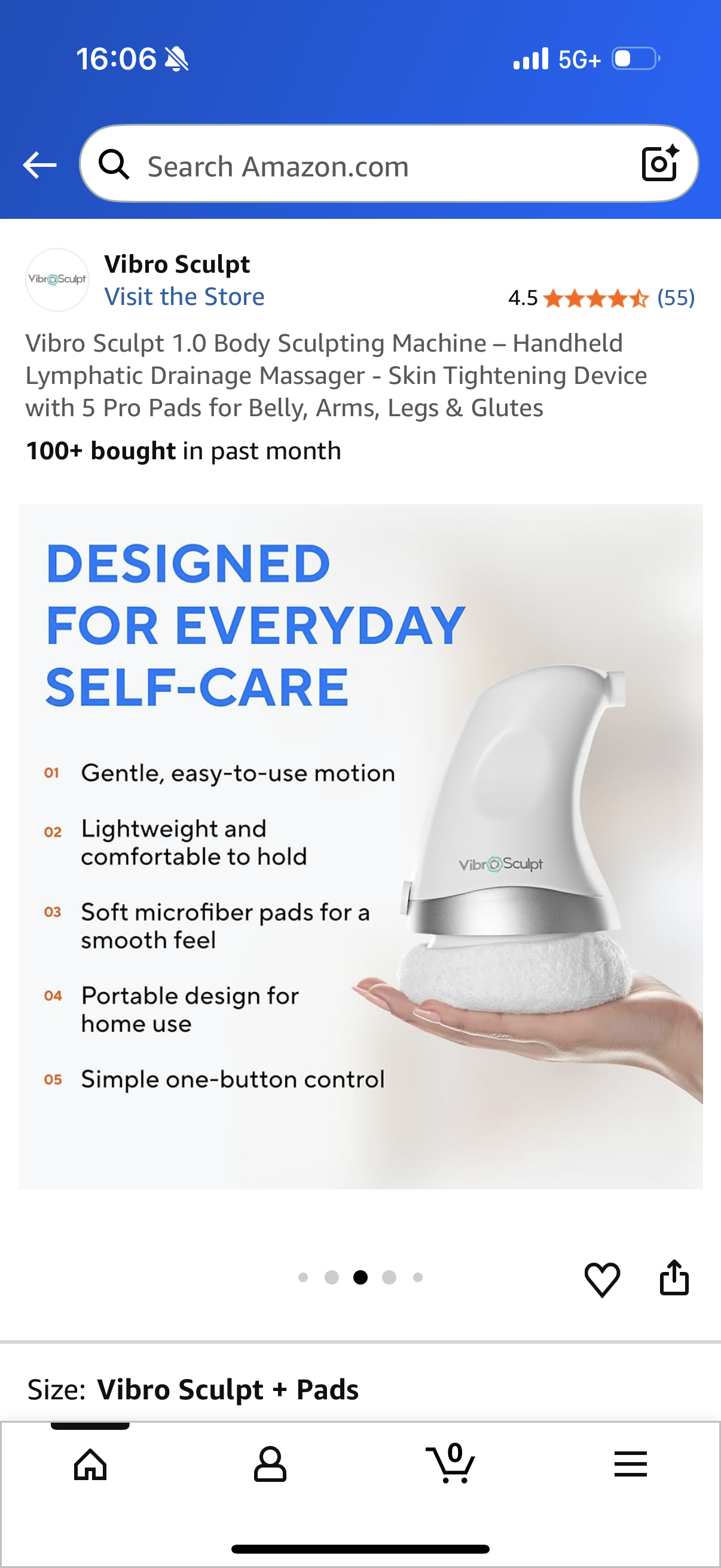 Vibro Sculpt 1.0 Body Sculpting Machine - Handheld Lymphatic Drainage Massager - Skin Tightening Device with 5 Pro Pads for Belly, Arms, Legs & Glutes