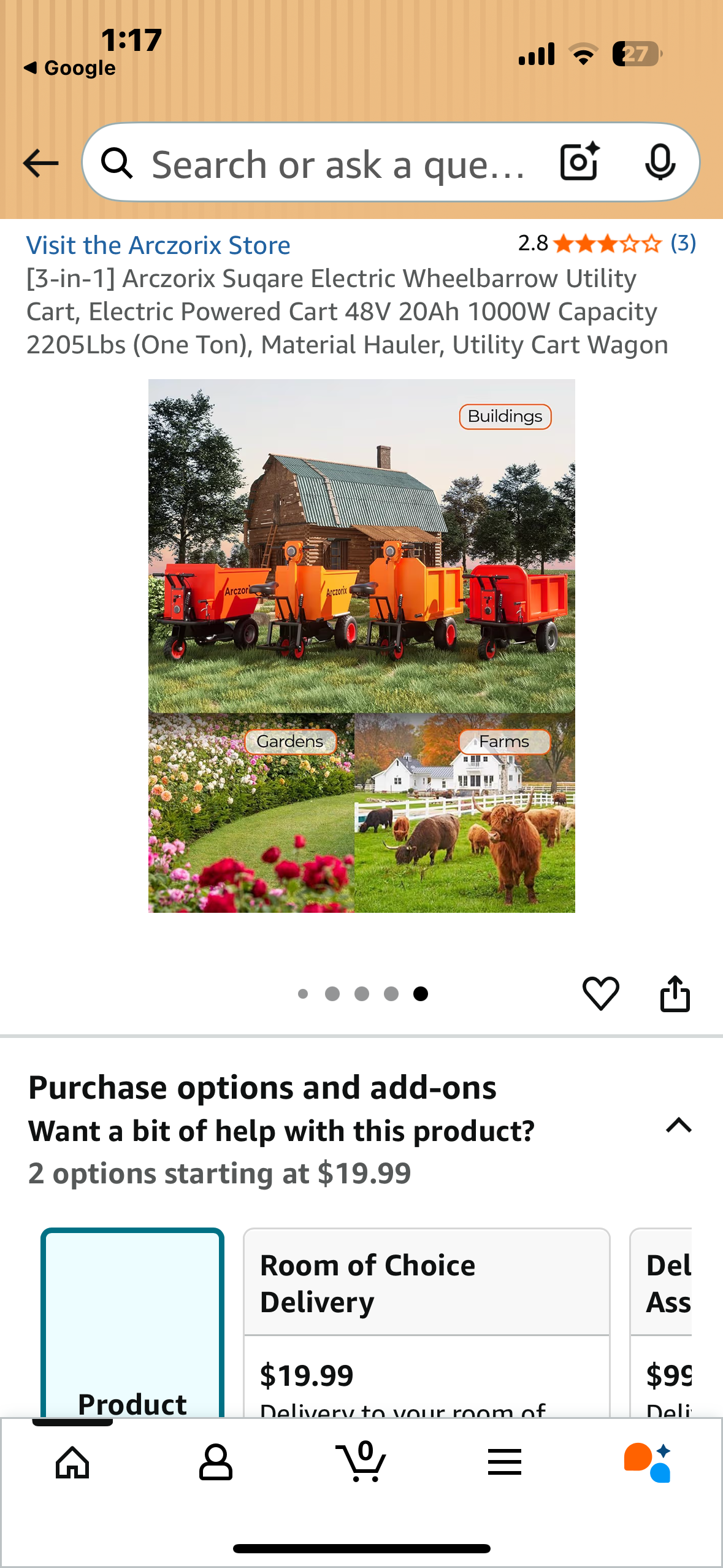 Arczorix [3-in-1] Electric Wheelbarrow Utility Cart, Electric Powered Cart 48V 20Ah 1000W Capacity 2205Lbs (One Ton), Material Hauler, Utility Cart Wagon (G876)