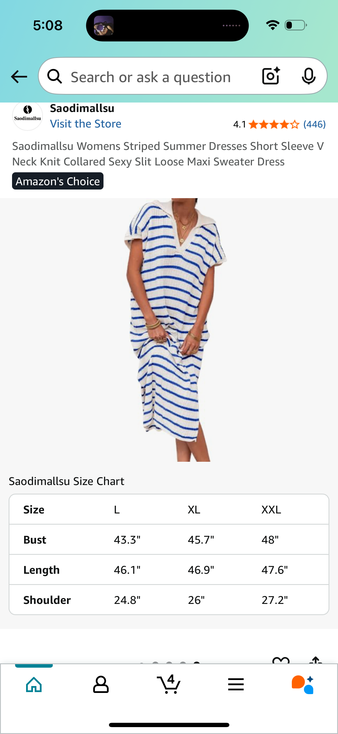 Women's Striped Summer Dress, Short Sleeve V Neck Knit Collared Maxi Sweater Dress (Size XL)