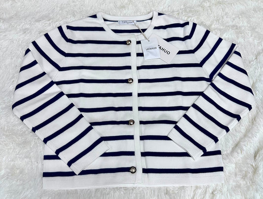 Women's Striped Cardigan Sweater Trendy Long Sleeve Button Down Crewneck Knit Cardigan (Size X-Small)