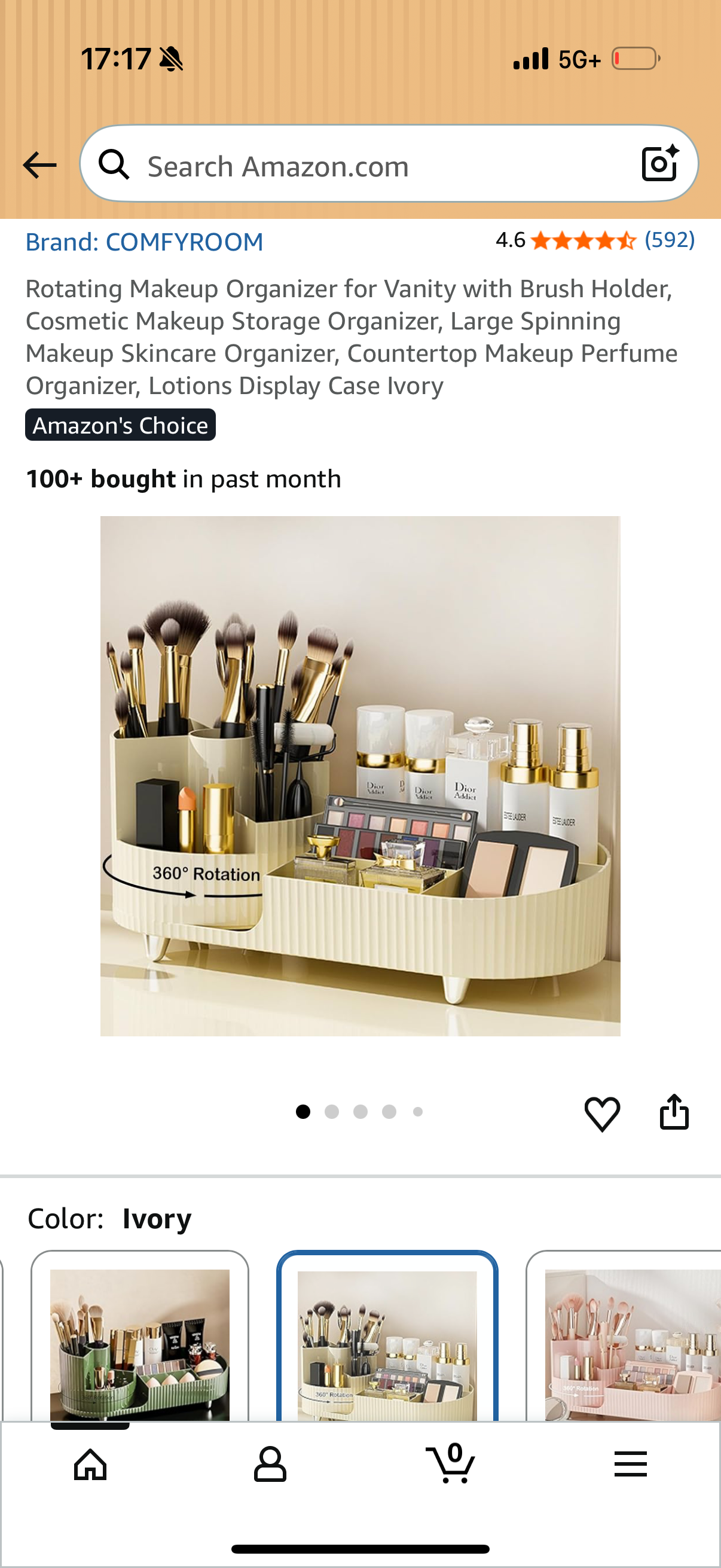 Rotating Makeup Organizer for Vanity with Brush Holder, Cosmetic Makeup Storage Organizer, Large Spinning Makeup Skincare Organizer, Countertop Makeup Perfume Organizer, Lotions Display Case Ivory