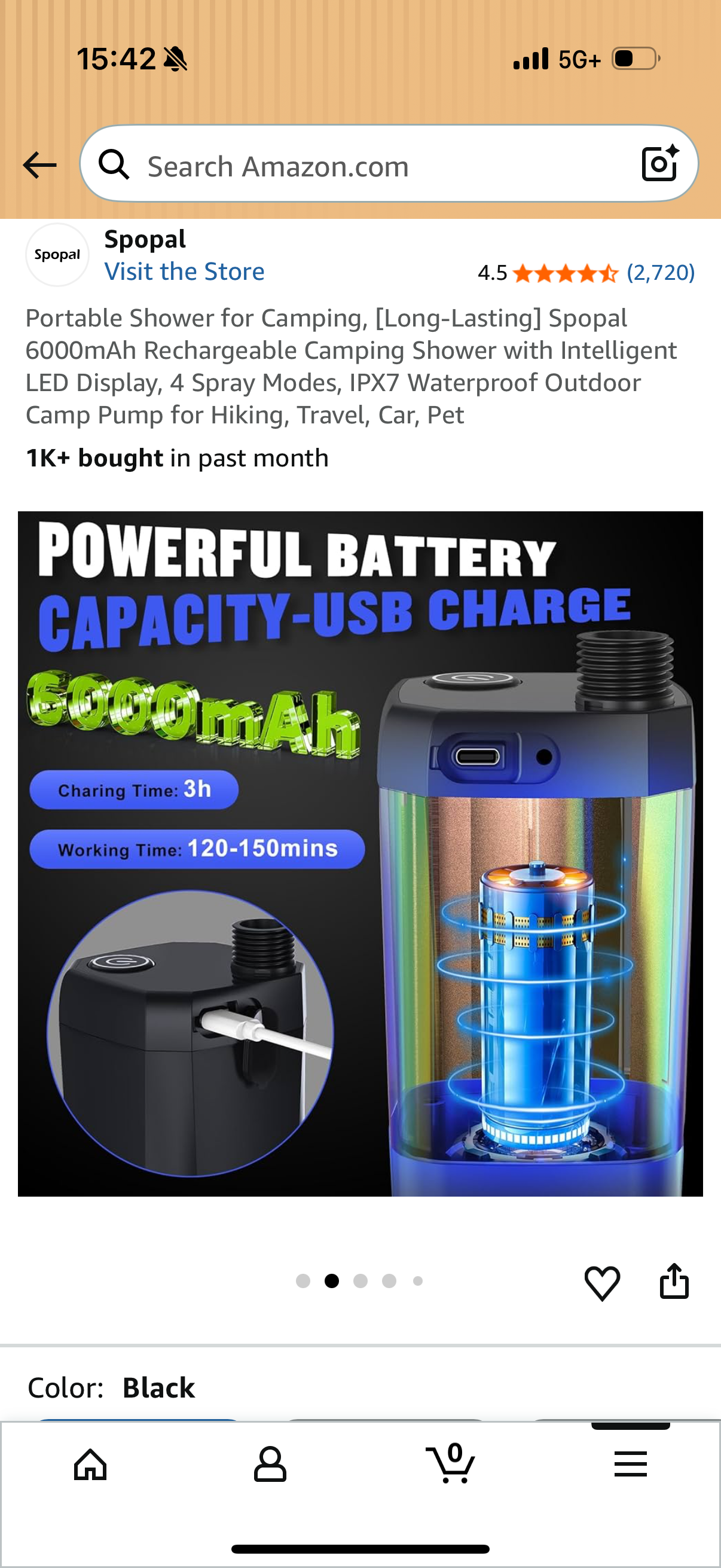 Portable Shower for Camping, [Long-Lasting] Spopal 6000mAh Rechargeable Camping Shower with Intelligent LED Display, 4 Spray Modes, IPX7 Waterproof Outdoor Camp Pump for Hiking, Travel, Car, Pet