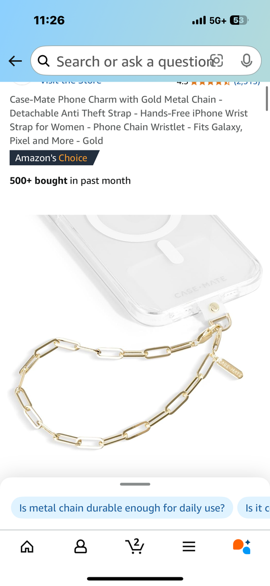 Case-Mate Phone Charm with Gold Metal Chain - Detachable Anti Theft Strap - Hands-Free iPhone Wrist Strap for Women - Phone Chain Wristlet - Fits Galaxy, Pixel and More - Gold