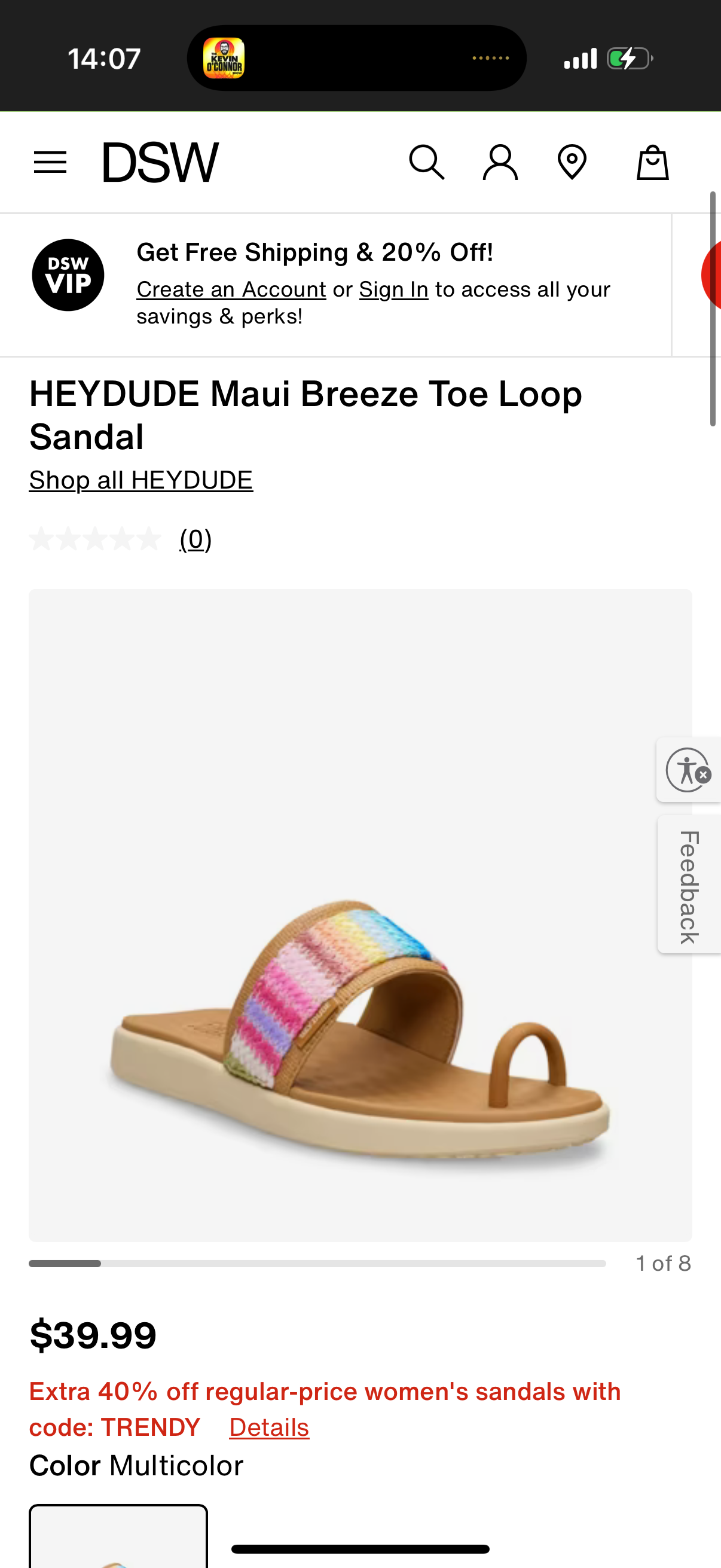 HEYDUDE Maui Breeze Toe Loop Sandal Size: US W8